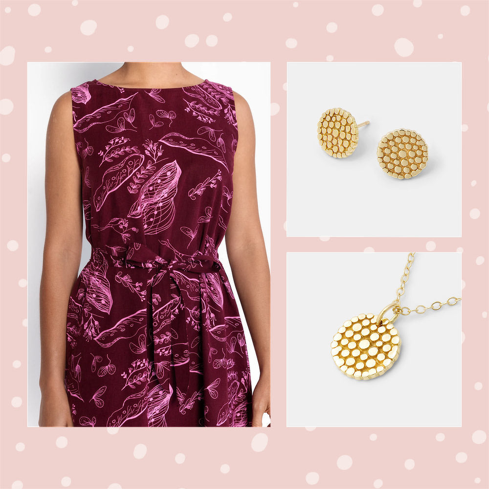 Magpie Goose Joomoo Tree Midi Dress with wattle jewelery in solid gold