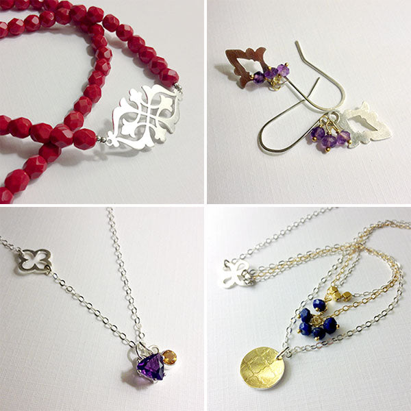 New handmade jewellery necklaces and earrings in silver, gold, gemstones and glass beads.