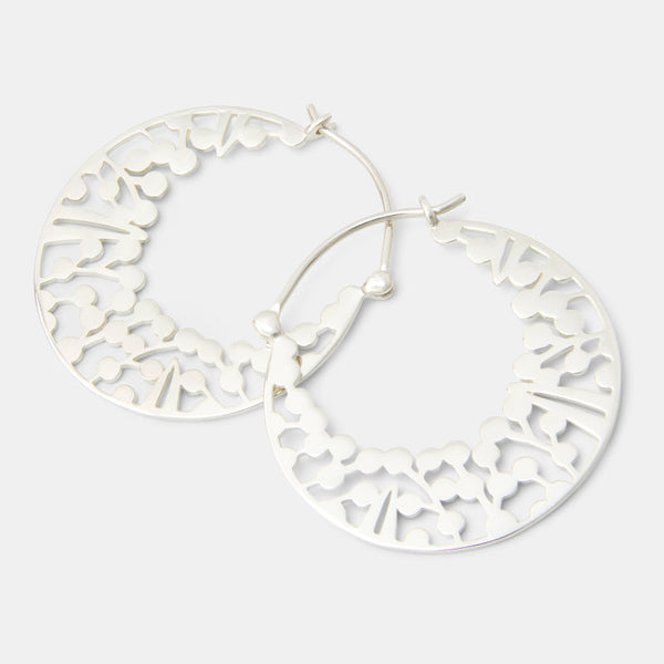 Sterling silver hoop earrings with a wattle wreath design