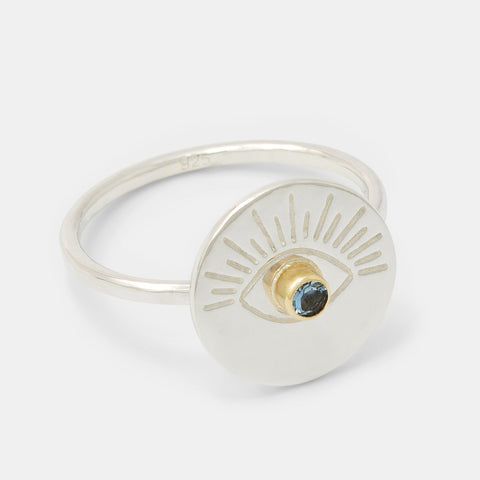 Eye amulet and aquamarine cocktail ring in sterling silver