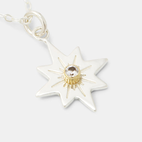 Guiding star and white sapphire pendant necklace in silver and gold