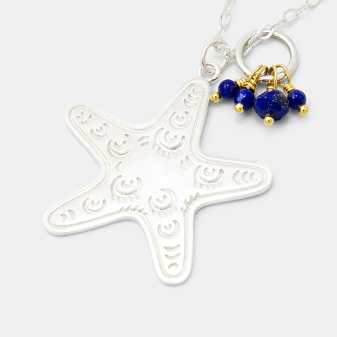Starfish pendant necklace with lapis lazuli gemstone cluster
