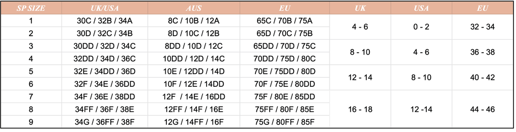 Studio Pia lingerie sizing chart