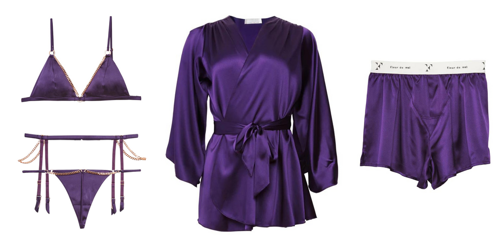 Fleur du Mal Acai silk set with luxe triangle bra, angel sleeve robe and unisex boxer