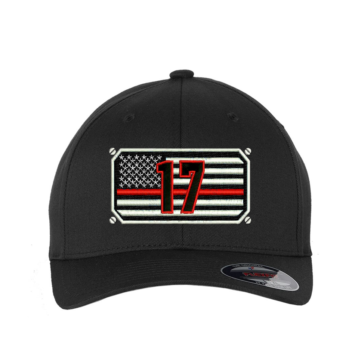 Image of Personalized Thin Red Line Flag Shield FlexFit Hat