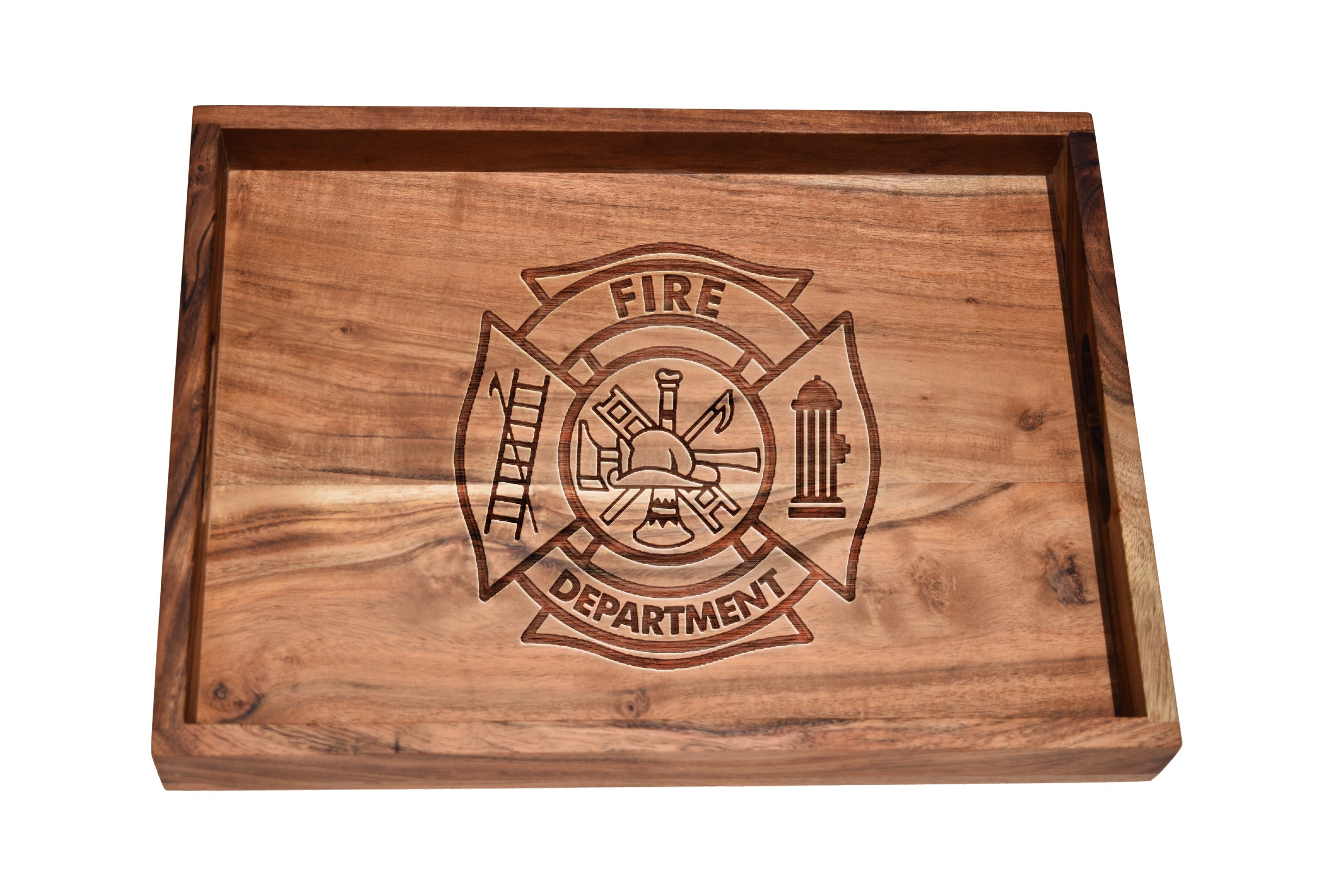 Image of Fire Department Maltese Solid Wood Bar Tray- etched engraved