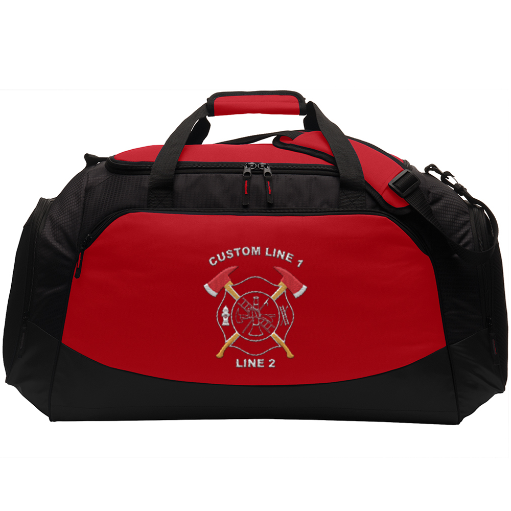 Image of CustomizedRed and Black Duffle Bag with Crossed Axe Embroidery