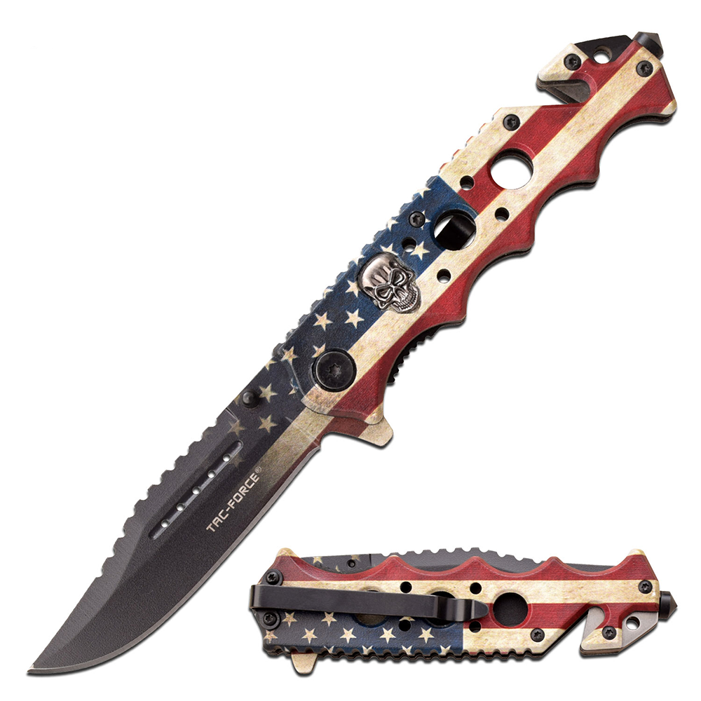 Image of American Flag and Skull Spring Assisted Rescue Knife