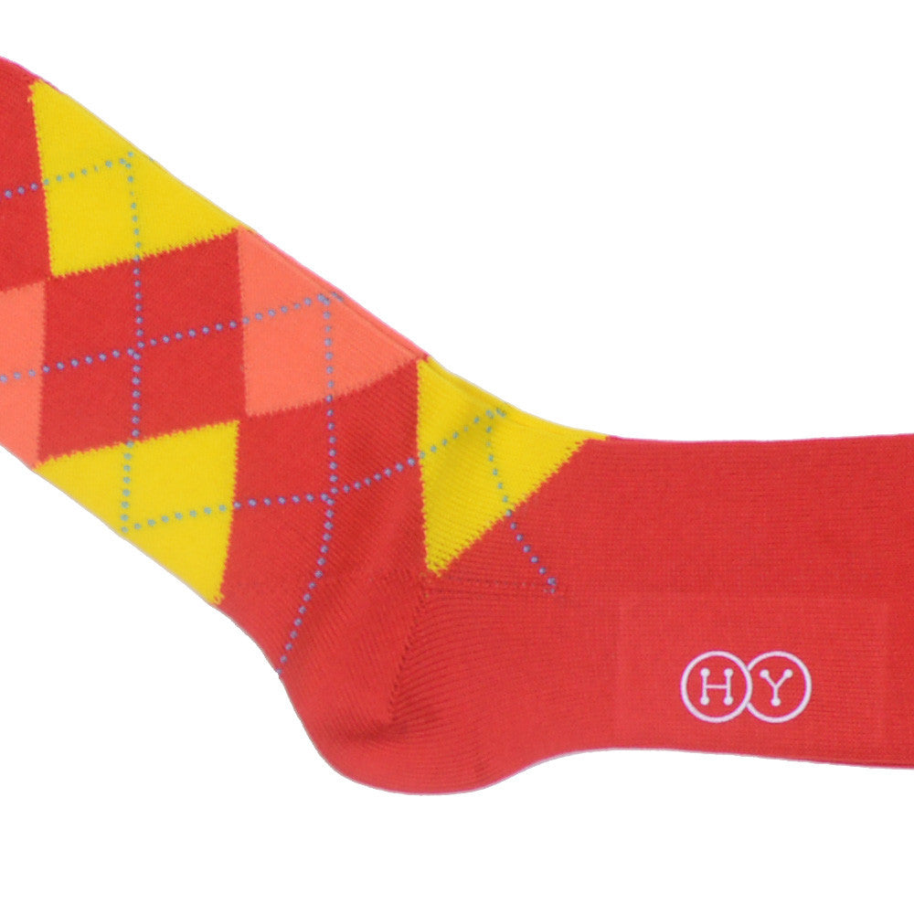 Argyle Cotton Calf Socks - Red, Yellow, Peach