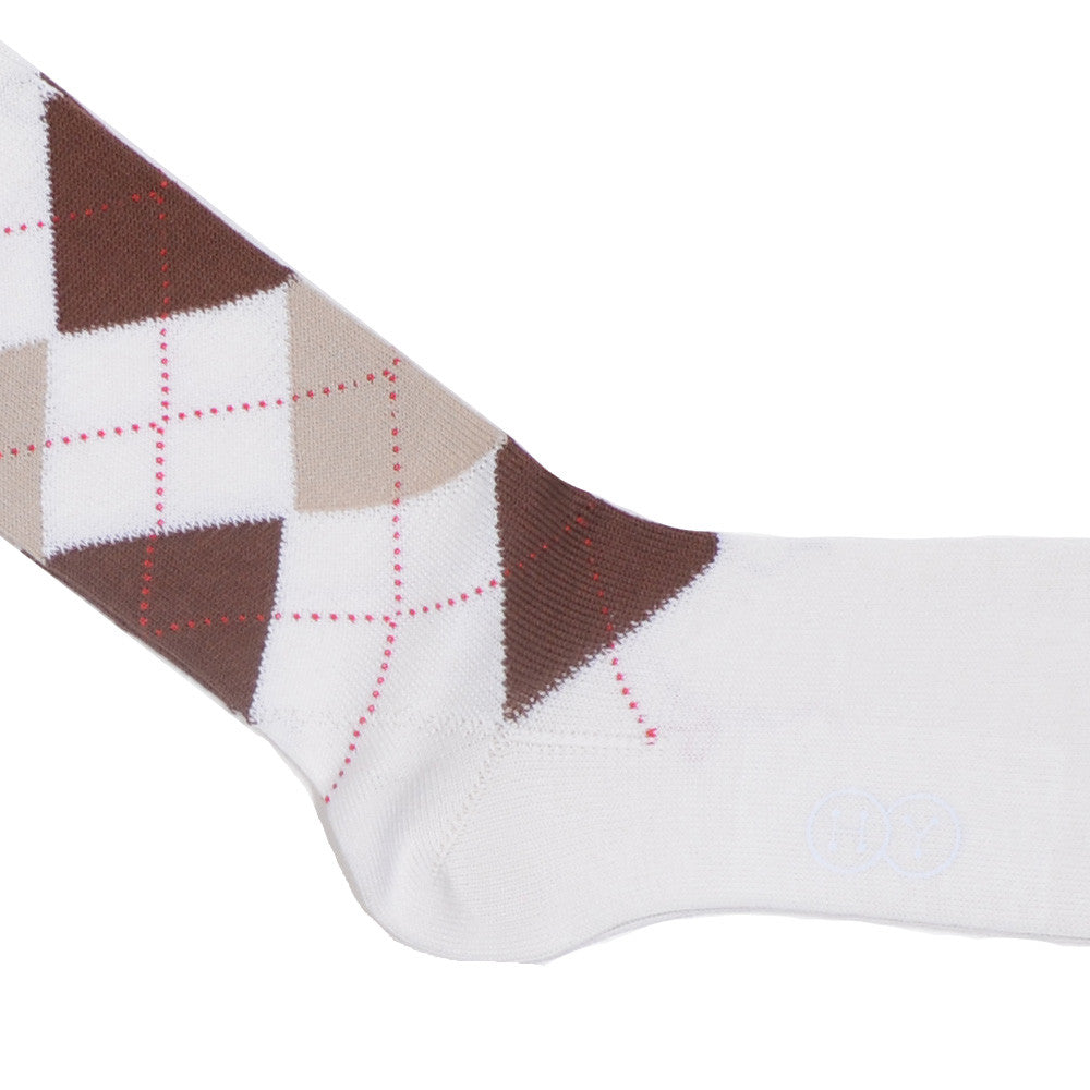 Argyle Cotton Calf Socks - Cream, Brown