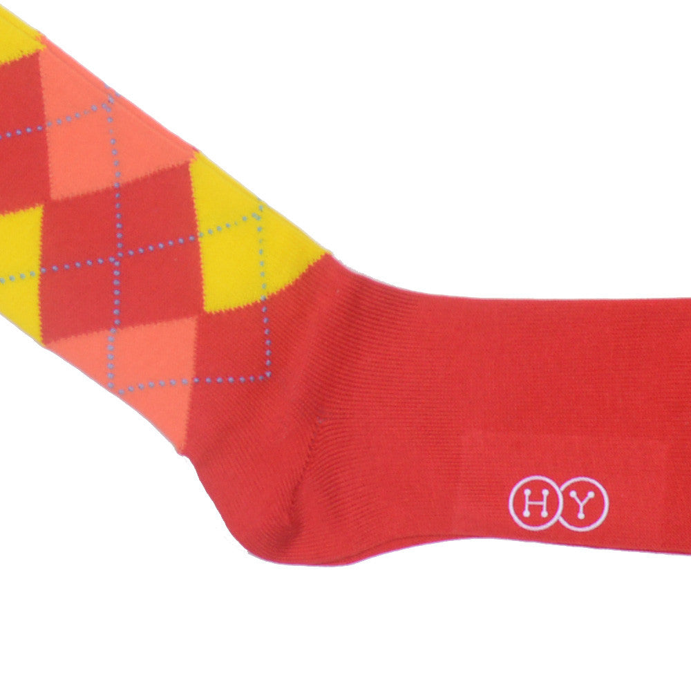 Argyle Cotton OTC Socks - Red, Yellow, Peach