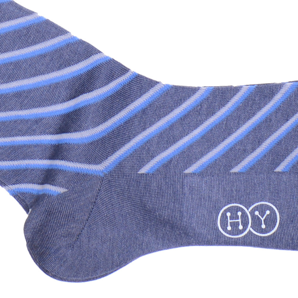 Double Stripe Cotton Calf Socks - Gray and Blue