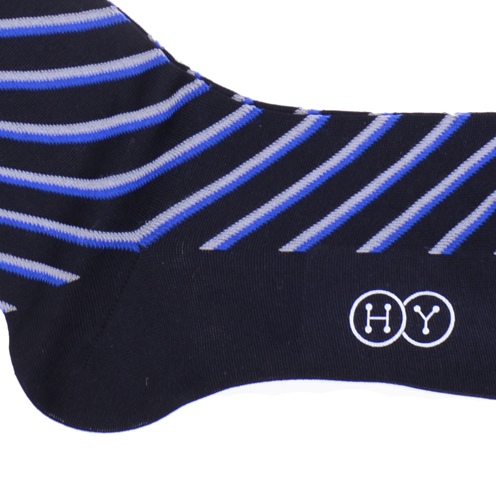 Double Stripe Cotton Calf Socks - Navy