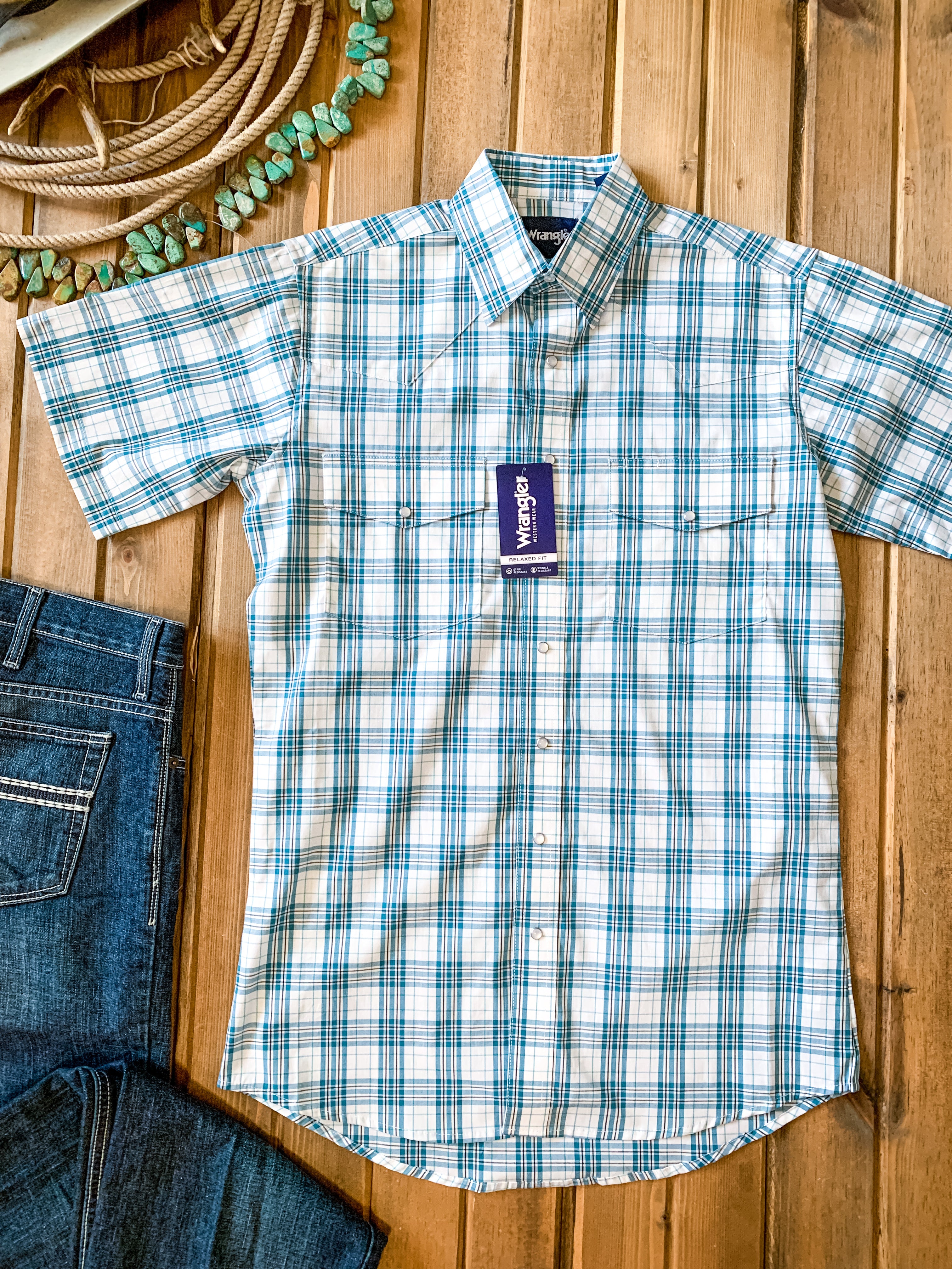 Wrangler Wrinkle Resist Teal Plaid Short Sleeve Shirt – Ranch-Land Western  Store