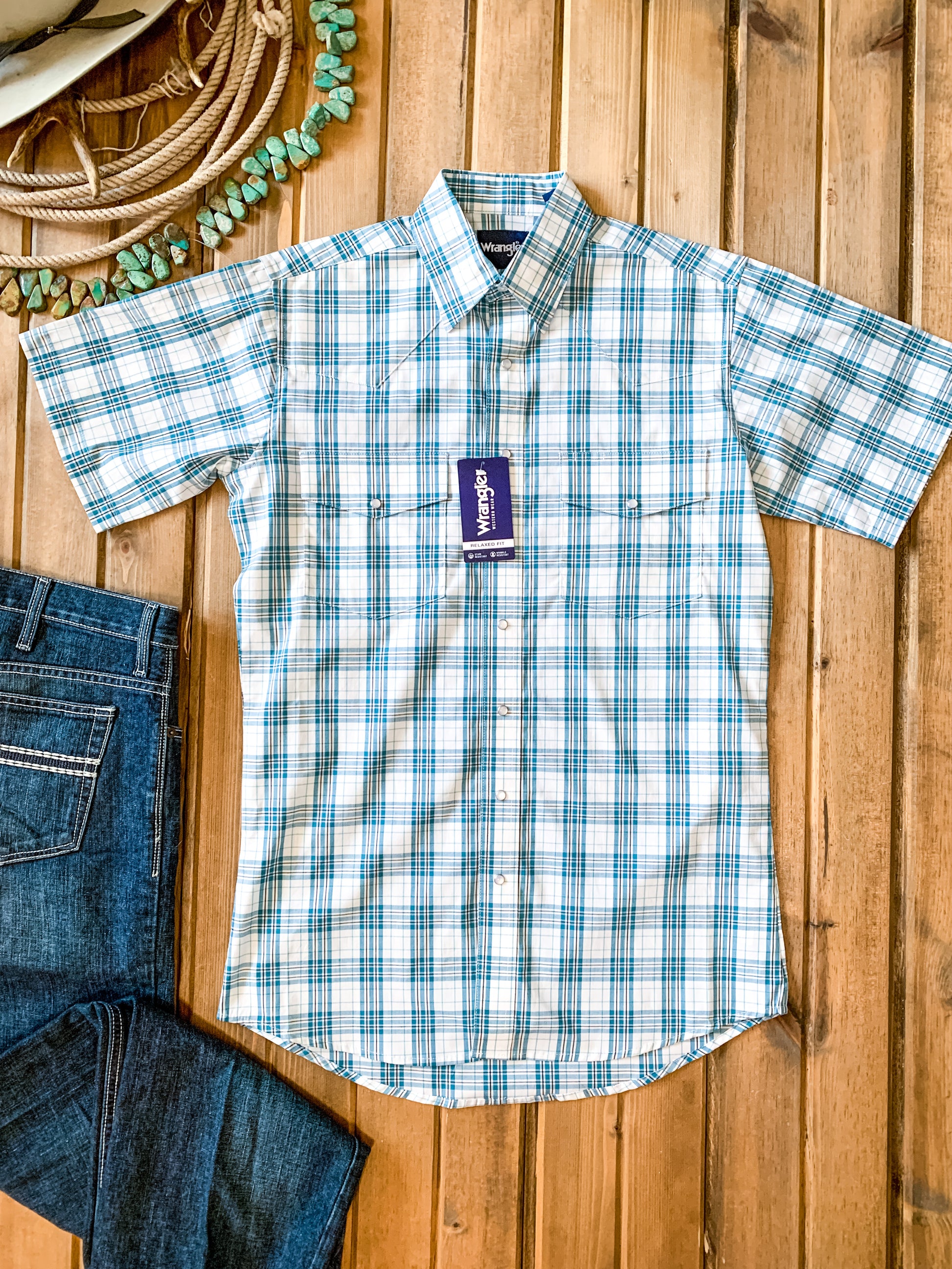 Wrangler Wrinkle Resist Teal Plaid Short Sleeve Shirt – Ranch-Land Western  Store