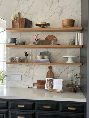 dishes on floating shelves 