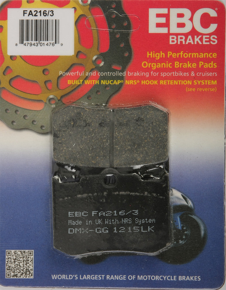 EBC 1 Pair FA Series Organic Replacement Brake Pads MPN FA216/3