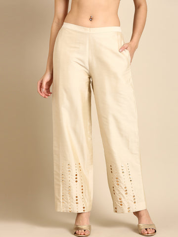 PATRORNA Off White Loose Fit Mid Rise Palazzos