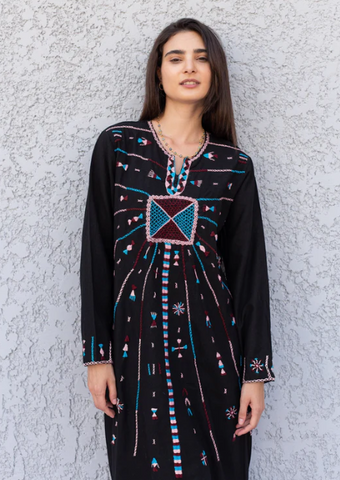 Black Siwa hand embroidered linen Kaftan dress