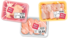 Cartoon drawing of three packages of chicken showing a whole chicken for the lowest price