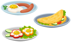 Cartoon drawing of three plates, each with a different meal using eggs. Eggs cooked in pepper slices, eggs and sausage and an omelette 