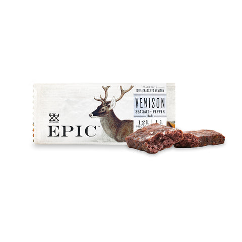 white packing with a deer on the front. The label says Epic Sea Salt and Pepper Venison bar made with 100% grass fed venison.