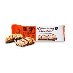 One Genius Gourmet Peanut Butter Chocolate Crispy Protein Treat in orange and white packaging with an open protein crispy treat beside it showing crispy texture and chocolate drizzle. 