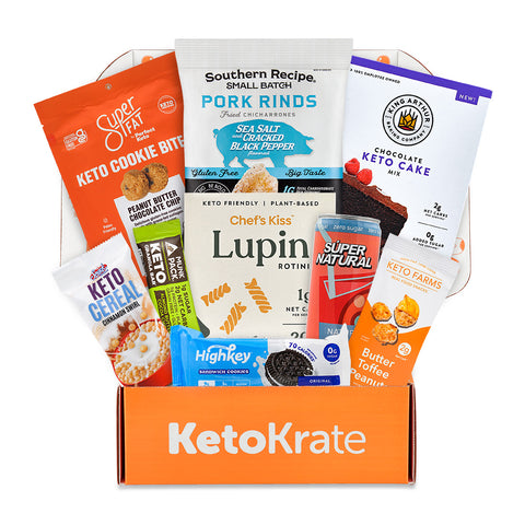 An open KetoKrate displaying the 9 keto snacks featured in the June 2023 KetoKrate. 
