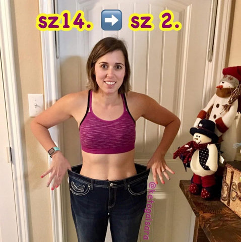 Sara, now size 2, holding up size 14 jeans