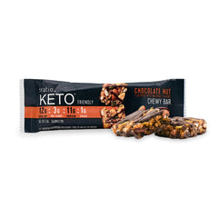 One :ratio chewy granola bar in dark blue packaging with an open granola bar beside it showing the keto granola bar's chewy texture. 