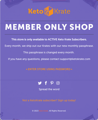 Screenshot of the login page to KetoKrate's members' only shop