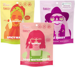 Three package of Tazzy Candy, keto friendly snack lollipops. featuring spicy mango, sour watermelon and acai berry lollipop flavors. 