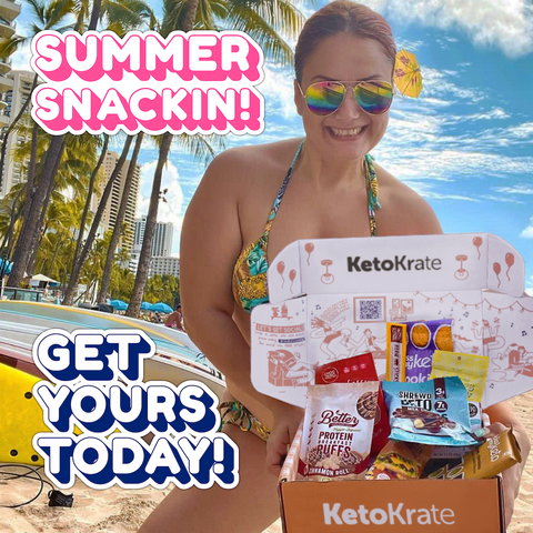 Summer beach scene with a girl in a bikini holding a KetoKrate in front of the beach showing off her summer keto snacks