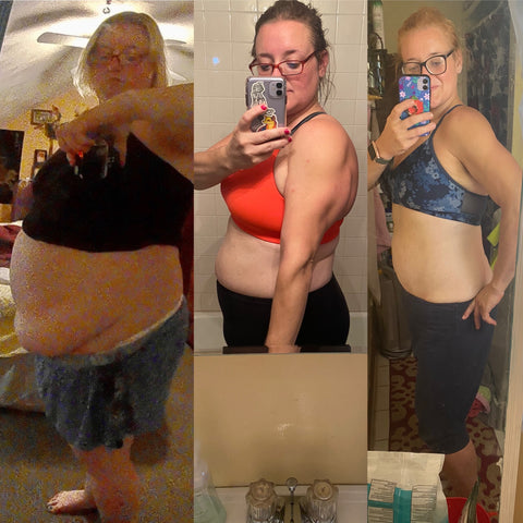 Collage of Diana's weight loss journey; three photos of her in a sports bra