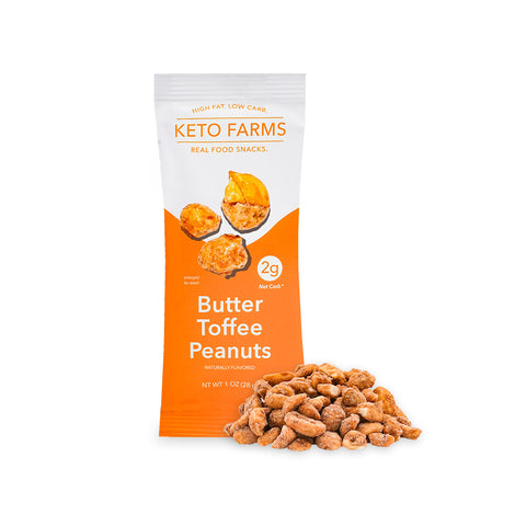 White and orange package of Keto Farms Butter Toffee Peanuts on a white back ground with a pile of keto friendly butter toffee peanuts surrounding it.  