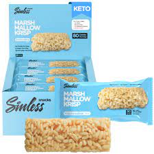 sinless snacks marshmallow krisp. High protein keto friendly snack with the product shown in its box, sleeve and outside of the package. 