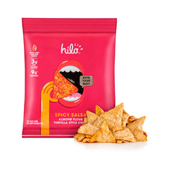 Red bag of Hili Life Spicy Nacho torilla chips beside a pile of spicy nacho tortilla chips