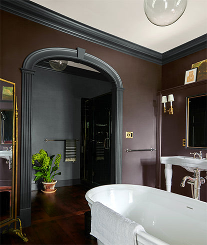 A bathroom painted brown with flint colored trim.