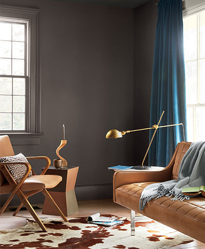 Modern furniture contrasting to a brown wall.