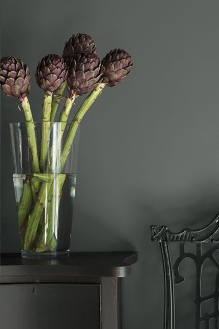 A monochromatic scene in shades of black features an ornate chair and simple table punctuated by a glass vase holding thick green stems and exotic aubergine-colored flowers.