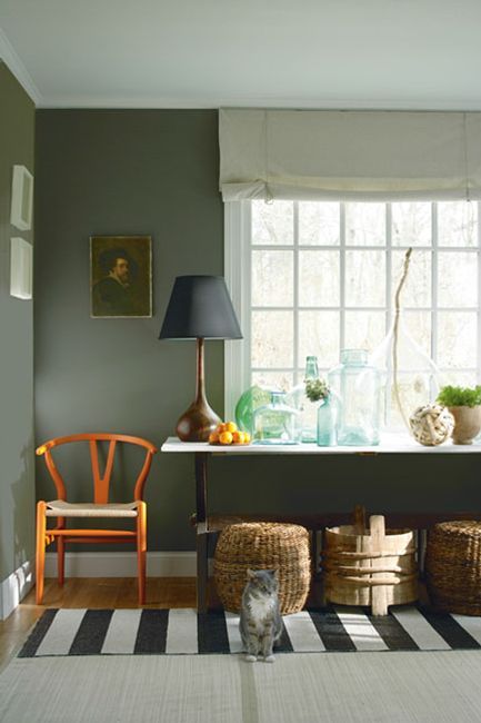 Organized living room with dark green wall and orange chair