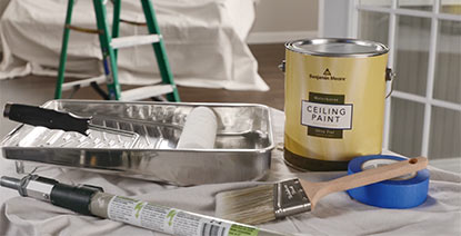 Benjamin Moore Anti-Mould Ceiling Paint, paint brush, roller & tray, tape and extension pole