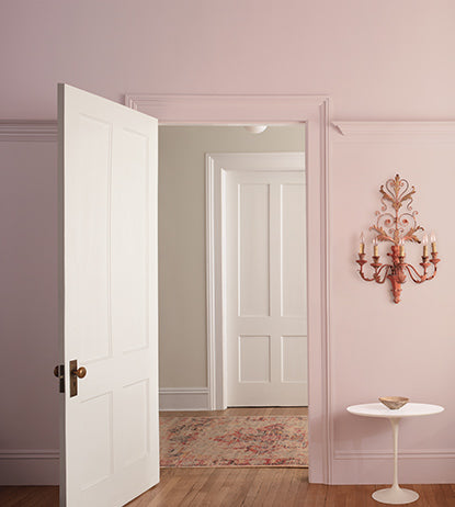 Light pink-painted walls with an open door leading out to a room with off-white-painted walls.