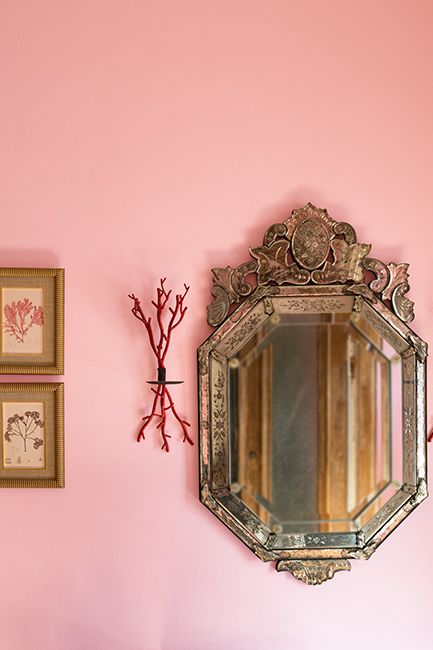 A Delicate Rose-painted wall featuring a collection of flower-and-fish paintings, ornate mirror and red twig décor.