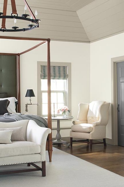 A crisp white-painted bedroom with gray-painted ceiling, trim and door.