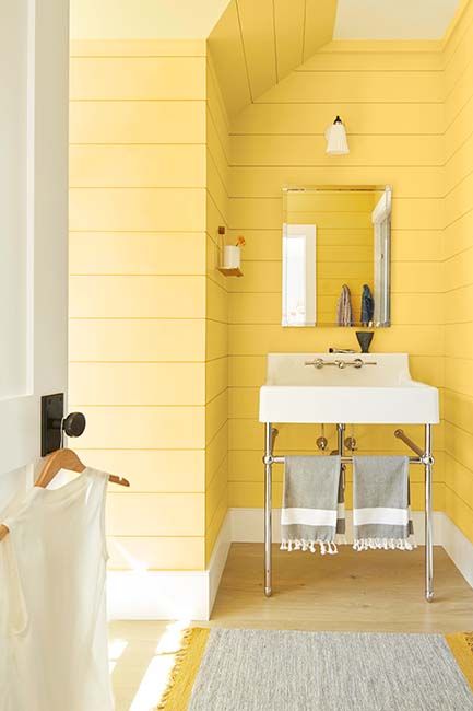 A cheery yellow bathroom painted in Yellow Rain Coat 2020-40.