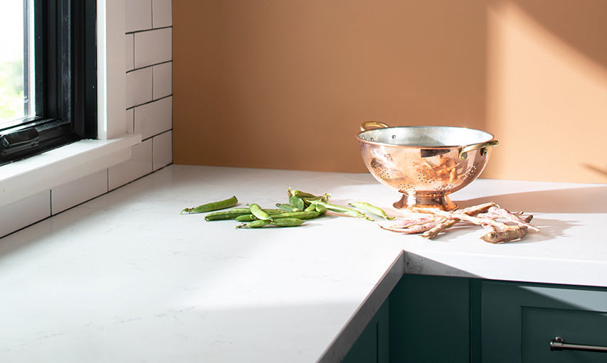 Kitchen corner with white countertops and wall painted in Potters Clay 1221.