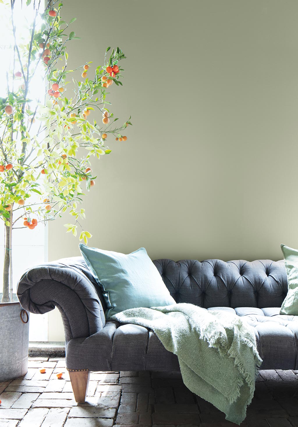 A living room with classic gray couch, green accent pillows, indoor tree, and sage green-painted walls with wood trim.