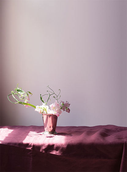 A magenta fabric on a table, topped with a pot of flowers in front of a purple wall.