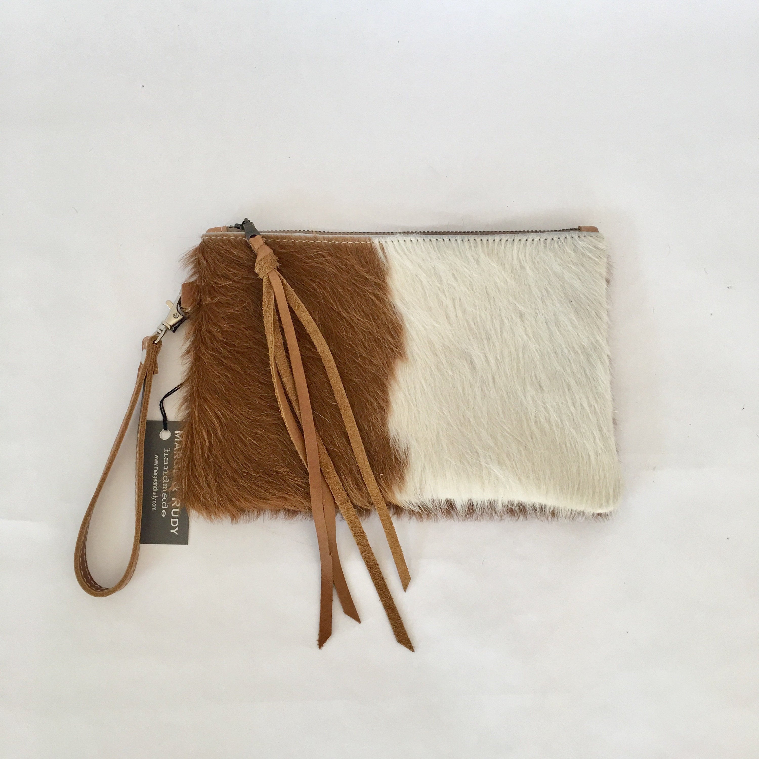 Cowhide Leather Wristlet Chestnut And White Hair On Hide Marge